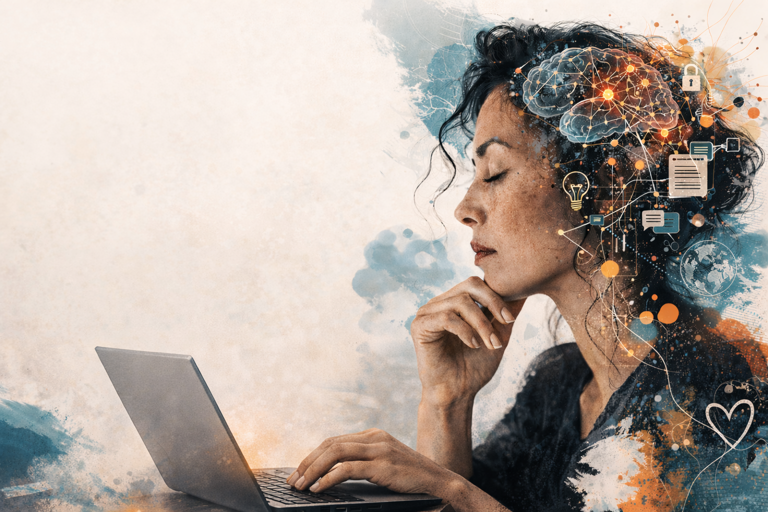 Illustration of a woman thoughtfully working on a laptop with an abstract glowing brain and network of digital connections around her head, symbolizing the interaction between human thinking and AI.