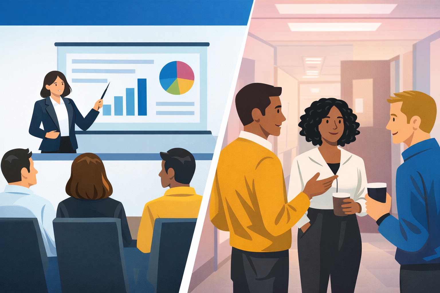 Infographic showing the difference between a formal leadership meeting and the informal hallway conversations where employees interpret the message.